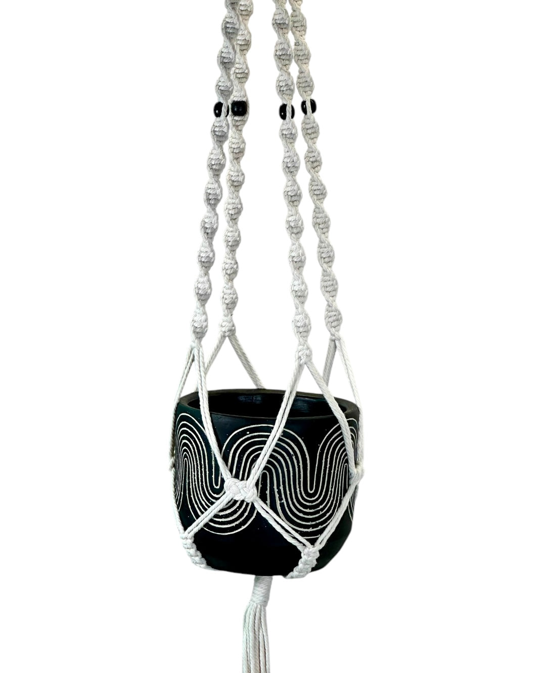 Macramé avec perles noires – Pour pots Ø9 à Ø17 cm – Longueur 100 cm