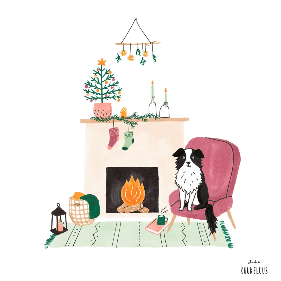 Carte de vœux Noël ''Chien au bord du feu''