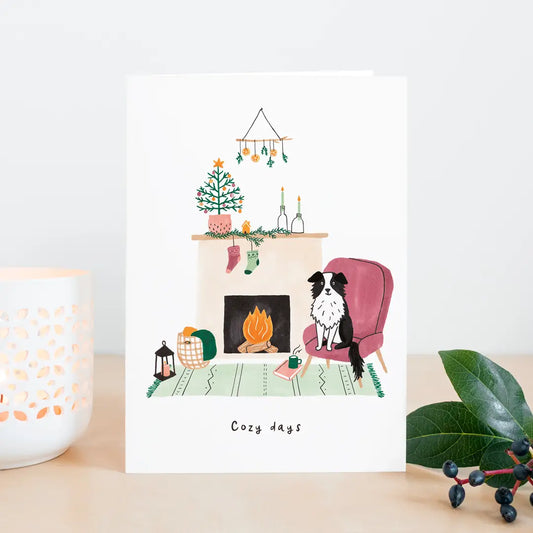 Carte de vœux Noël ''Chien au bord du feu''