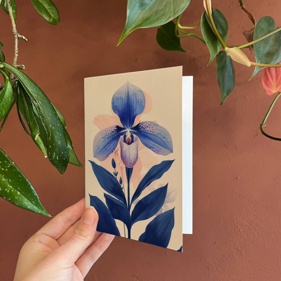 Carte de vœux Linogravure ''Orchidée Sabot de Vénus''