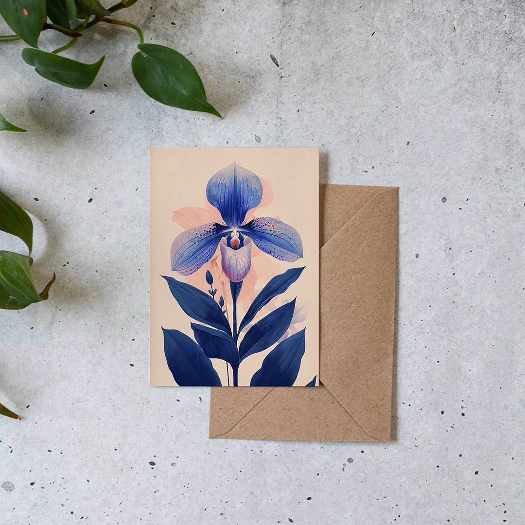 Carte de vœux Linogravure ''Orchidée Sabot de Vénus''